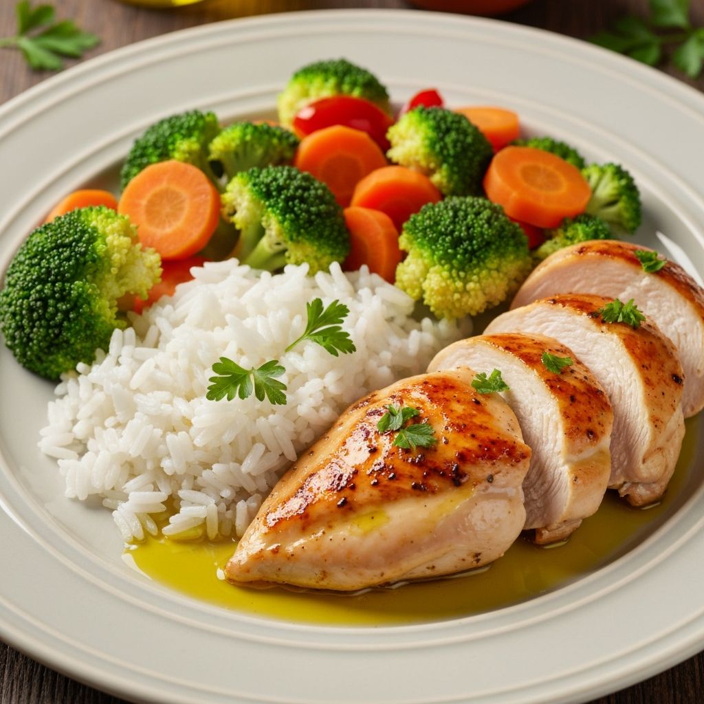 Balanced plate showing macronutrients - proteins, carbs, and fats