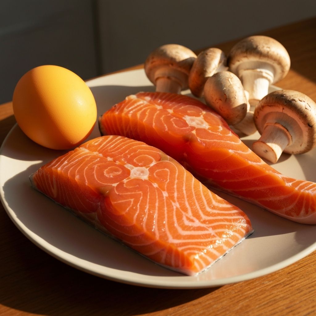Foods rich in Vitamin D including eggs and salmon
